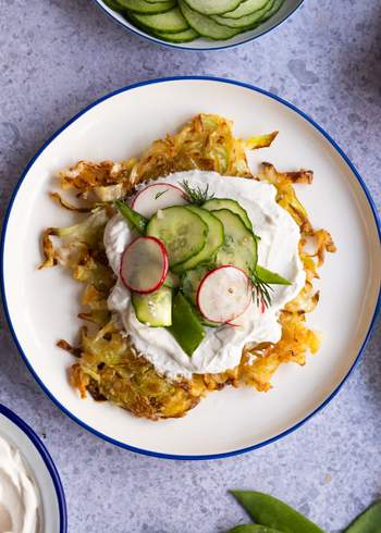 Pointed Cabbage Rösti with Sour Cream and Radish-Cucumber-Sugar Snap Pea Salad
