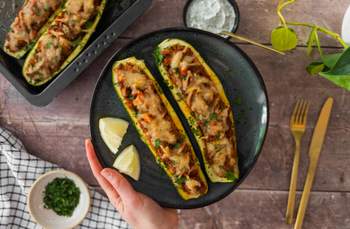 Vegan Minced Meat Stuffed Zucchini Boats 