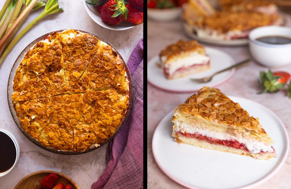 R965 - Bienenstich x Rhubarb – Vegan Bienenstich Cheesecake with Rhubarb and Strawberry Compote