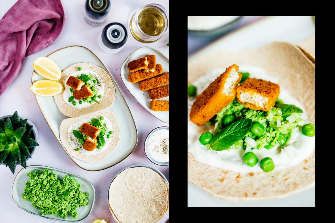 R613 Vegan Fish Stick Tacos with Minty Pea Mash